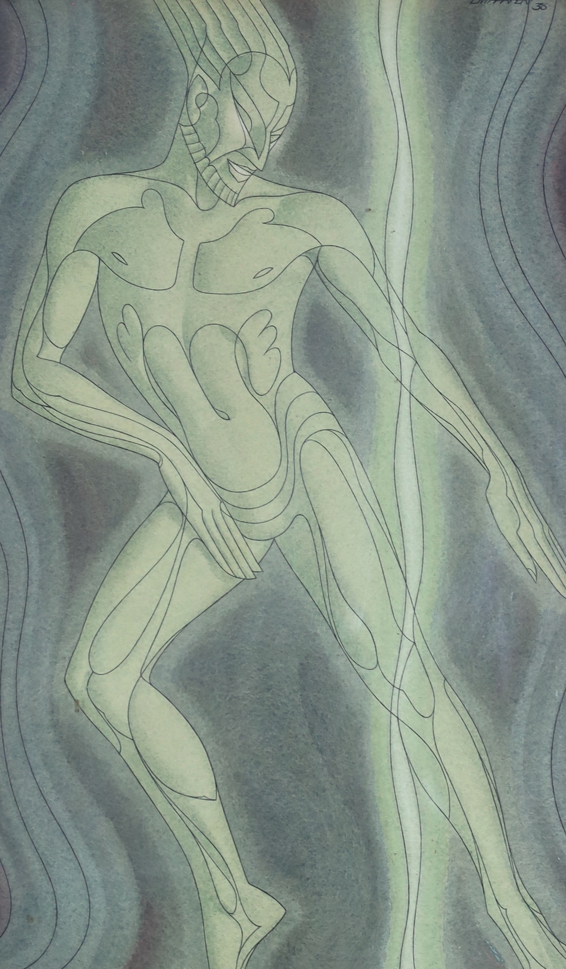 L.M. Harper (20th. C), stylish ink and watercolour, Standing figure, signed and dated '36, 38 x 23cm
